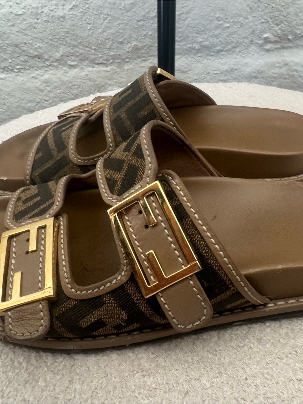 Fendi Brown and Black Logo Double-Strap Buckle Slides - Picture 2 of 5